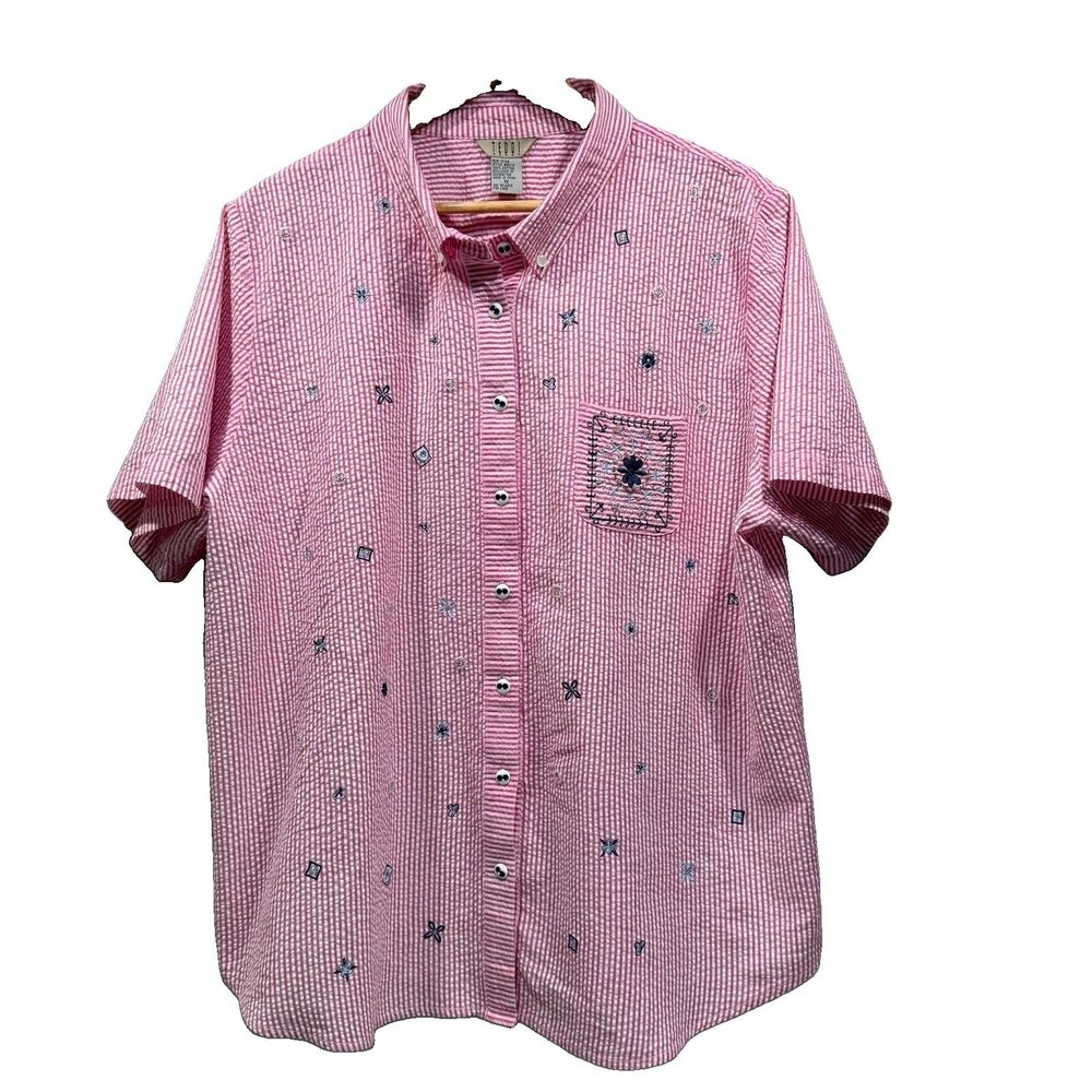 TEDDI Woman Size 1x Stripes Seersucker Embroidered Button Down Shirt Pocket